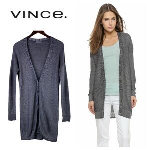 Vince Longline Sz XS Boyfriend Cardigan Long Sweater Gray Linen Blend V-Neck